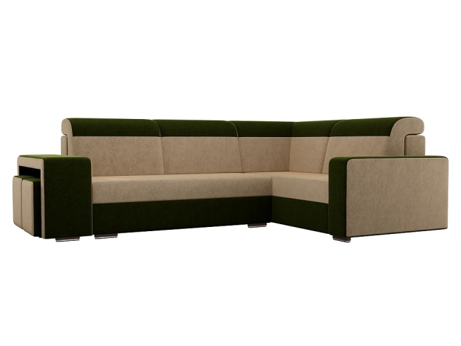 Мустанг с двумя пуфами Бежево-Зеленый Вельвет, угловой диван