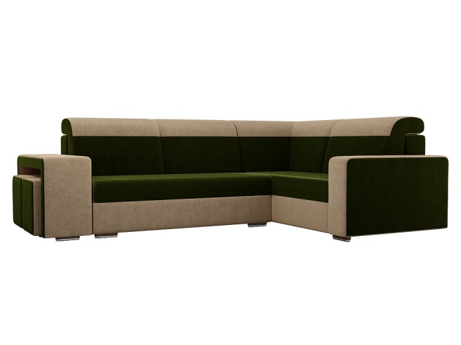 Мустанг с двумя пуфами Зелено-Бежевый Вельвет, угловой диван