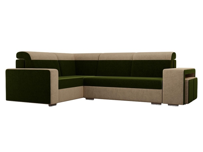 Мустанг с двумя пуфами Зелено-Бежевый Вельвет Левый, угловой диван