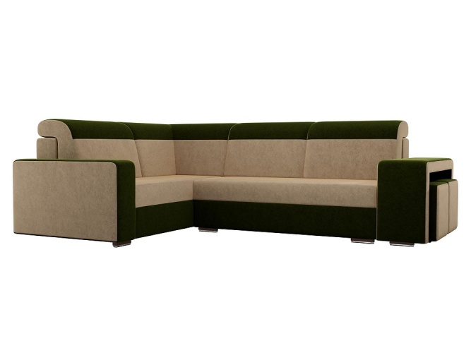 Мустанг с двумя пуфами Бежево-Зеленый Вельвет Левый, угловой диван