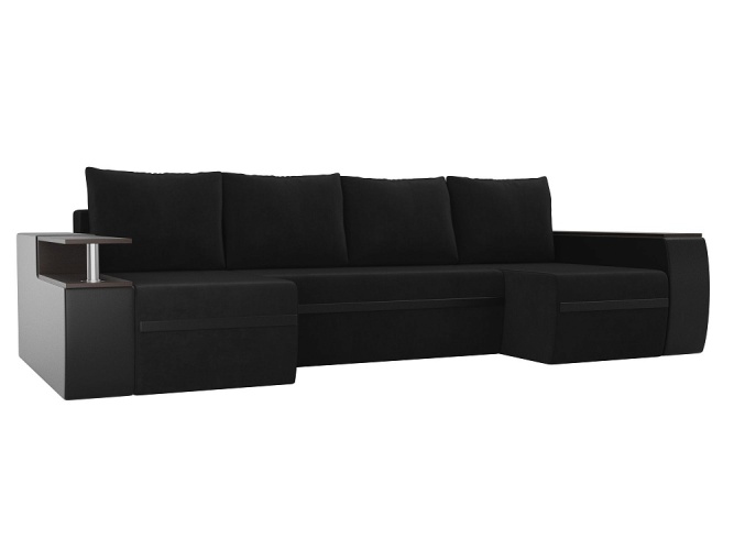 Майами П-образный Черный Экокожа Велюр, угловой диван