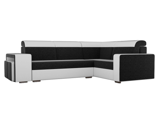 Мустанг с двумя пуфами Черно-Белый Экокожа Вельвет, угловой диван